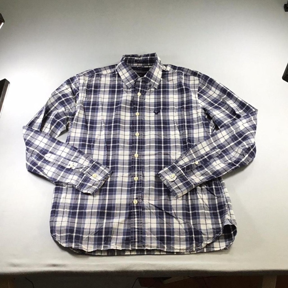 American Eagle Size M Preppy Navy Plaid Buttondown Y2K Streetwear